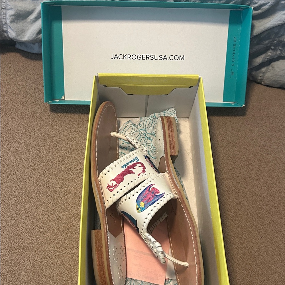 Jack Rogers White Sandals with Nautical Embroidery